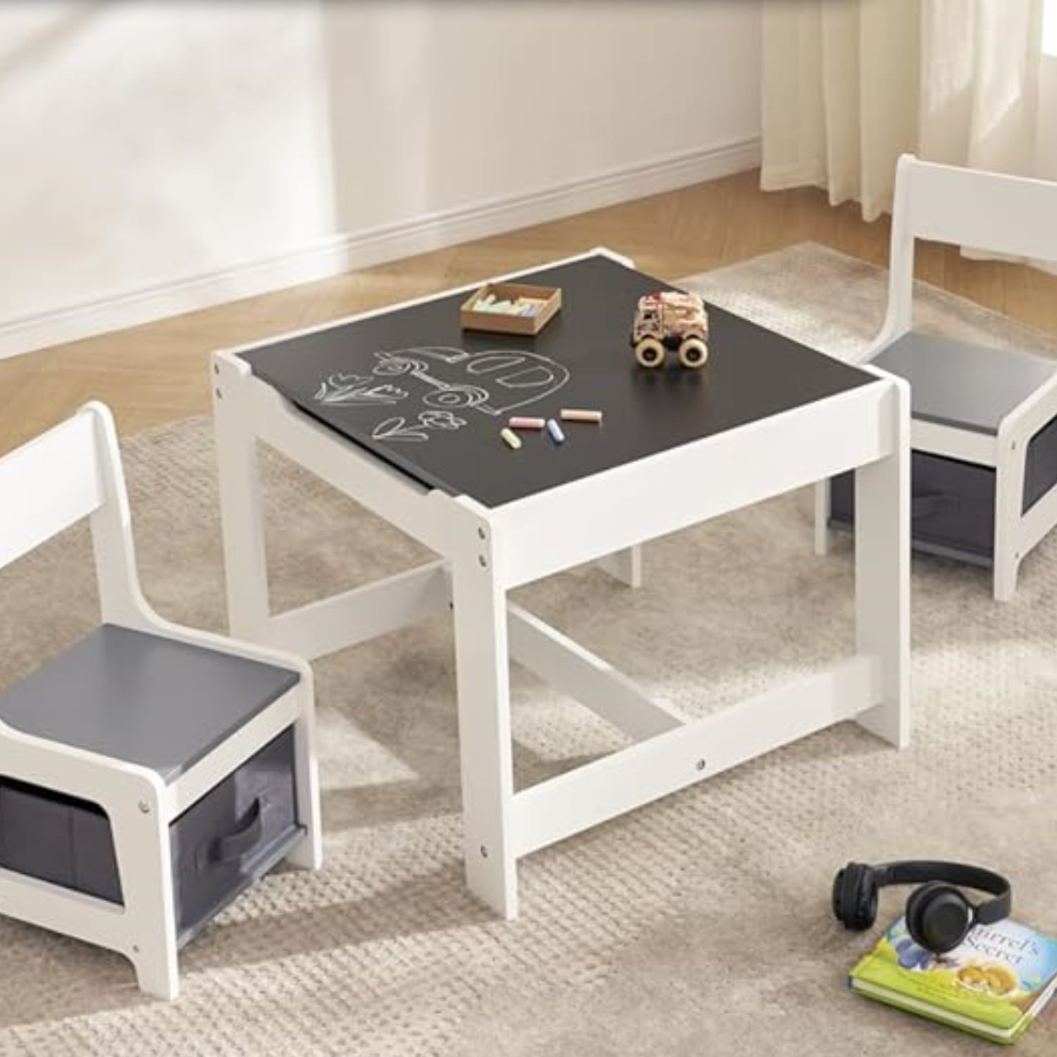 3-in-1 Kids Table and Chairs Set with Removable Tabletop Storage & Bookshelf, Toddler Table and Chair Set for Playroom Kids Room or Living Room, Gray
