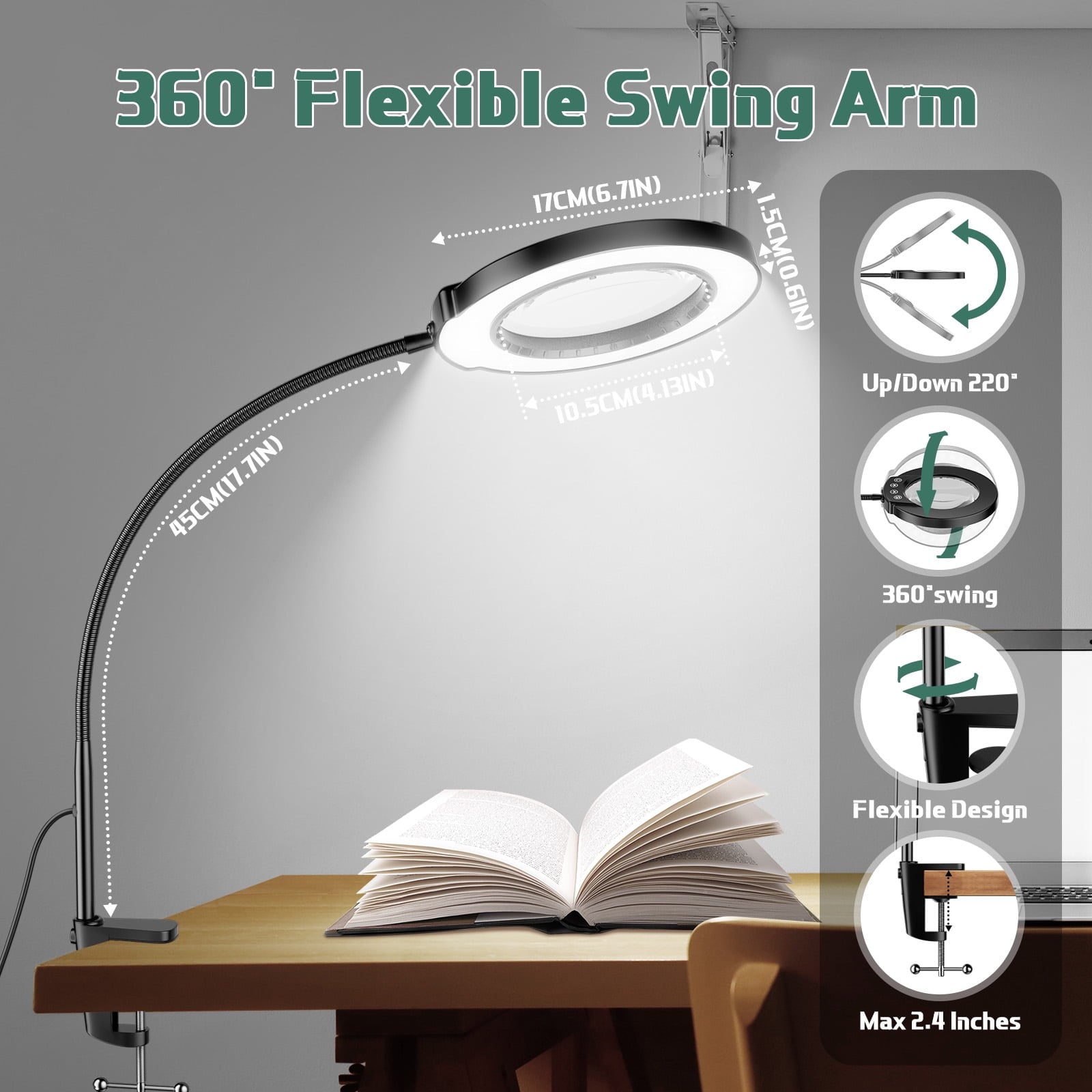 10X Magnifying Glass Lamp with Light and Stand, 5Color Modes & 5 Brightness Levels, Adjustable Swivel Arm for Close Work, Reading, Crafts, Repairing