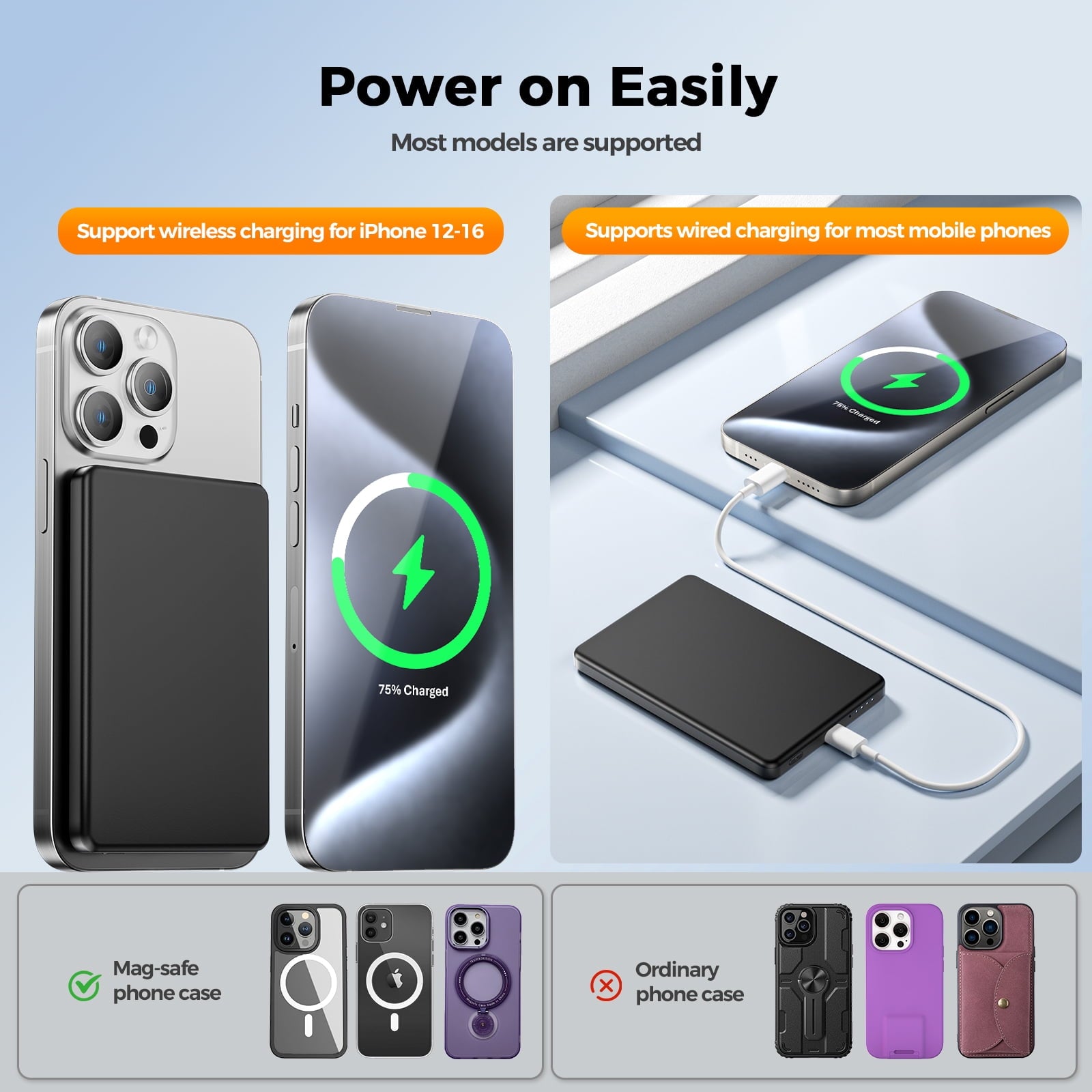 0.3" Ultra Slim MagSafe Portable Charger iPhone, 5000mAh Magnetic Wireless Portable Charger with Fast Charging, Slim MagSafe Battery Pack for iPhone 16 Pro Max/16 Pro/16/15/14/13/12, Black