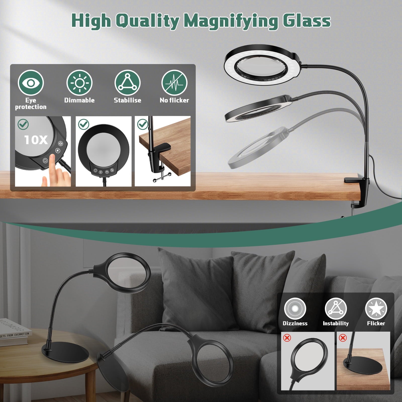 10X Magnifying Glass Lamp with Light and Stand, 5Color Modes & 5 Brightness Levels, Adjustable Swivel Arm for Close Work, Reading, Crafts, Repairing