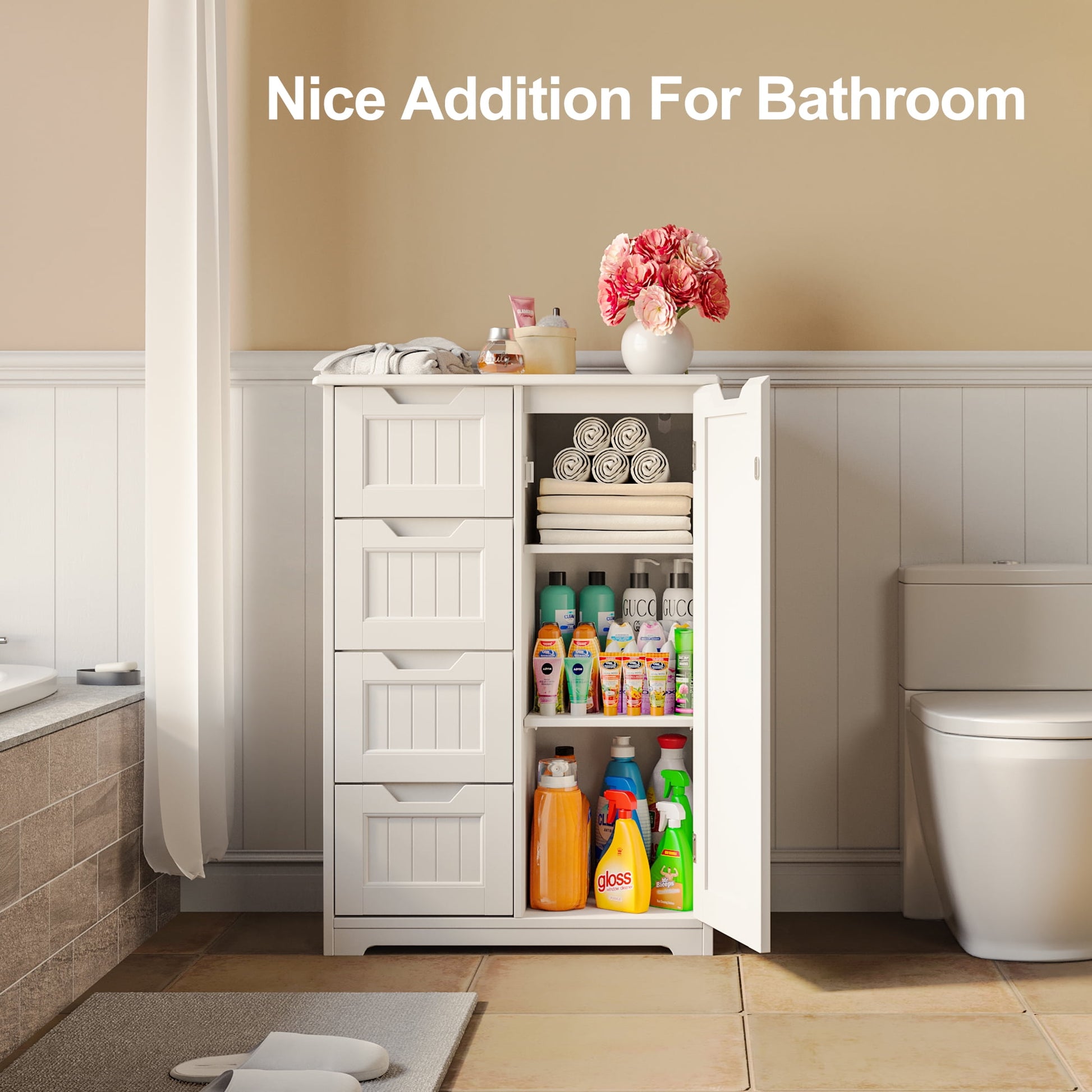 33'' Small Kitchen Pantry Storage Cabinet with 4 Drawers 3 Shelves and 1 Door, Noelse Wooden Bathroom Storage Cabinet for Kitchen Dining Room