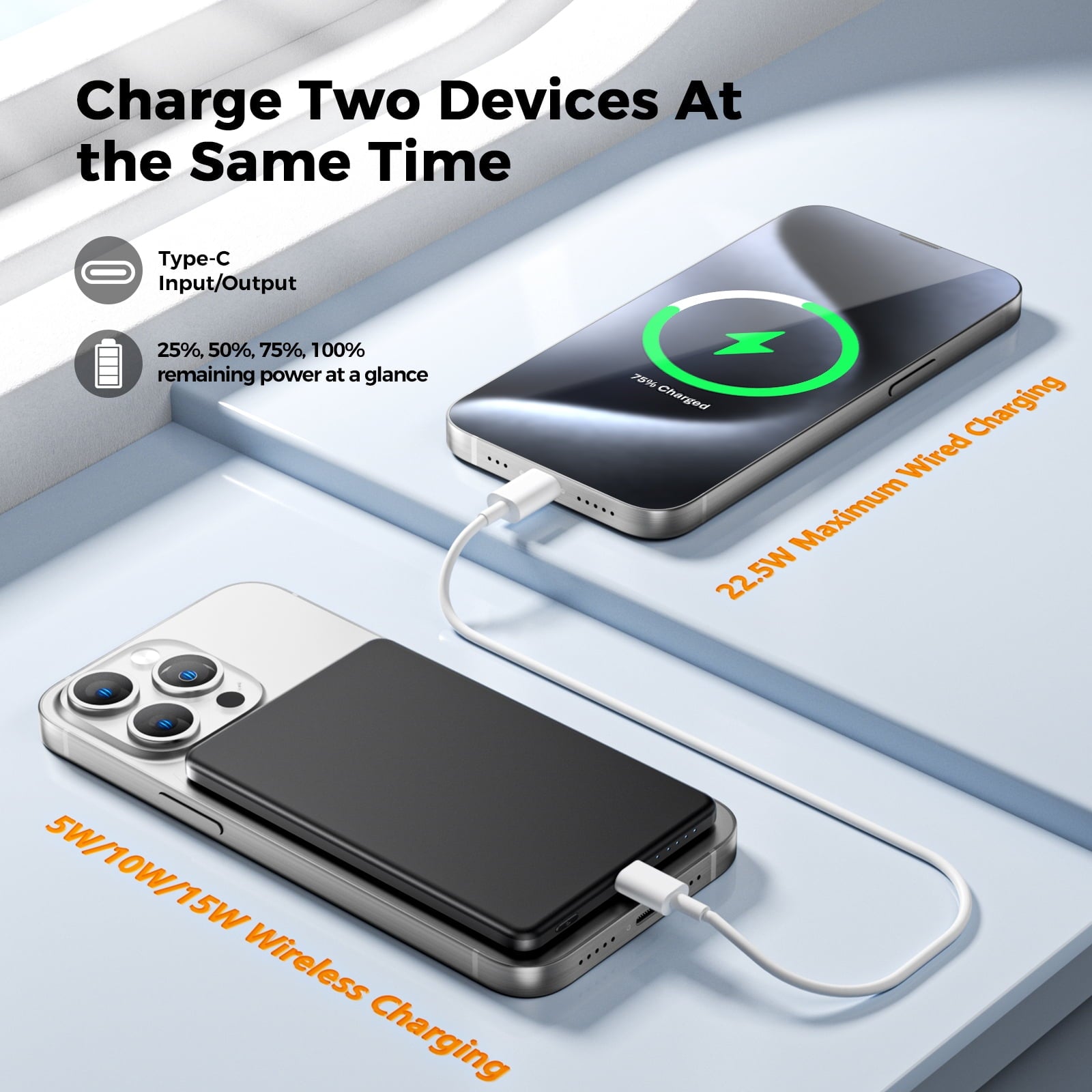 0.3" Ultra Slim MagSafe Portable Charger iPhone, 5000mAh Magnetic Wireless Portable Charger with Fast Charging, Slim MagSafe Battery Pack for iPhone 16 Pro Max/16 Pro/16/15/14/13/12, Black