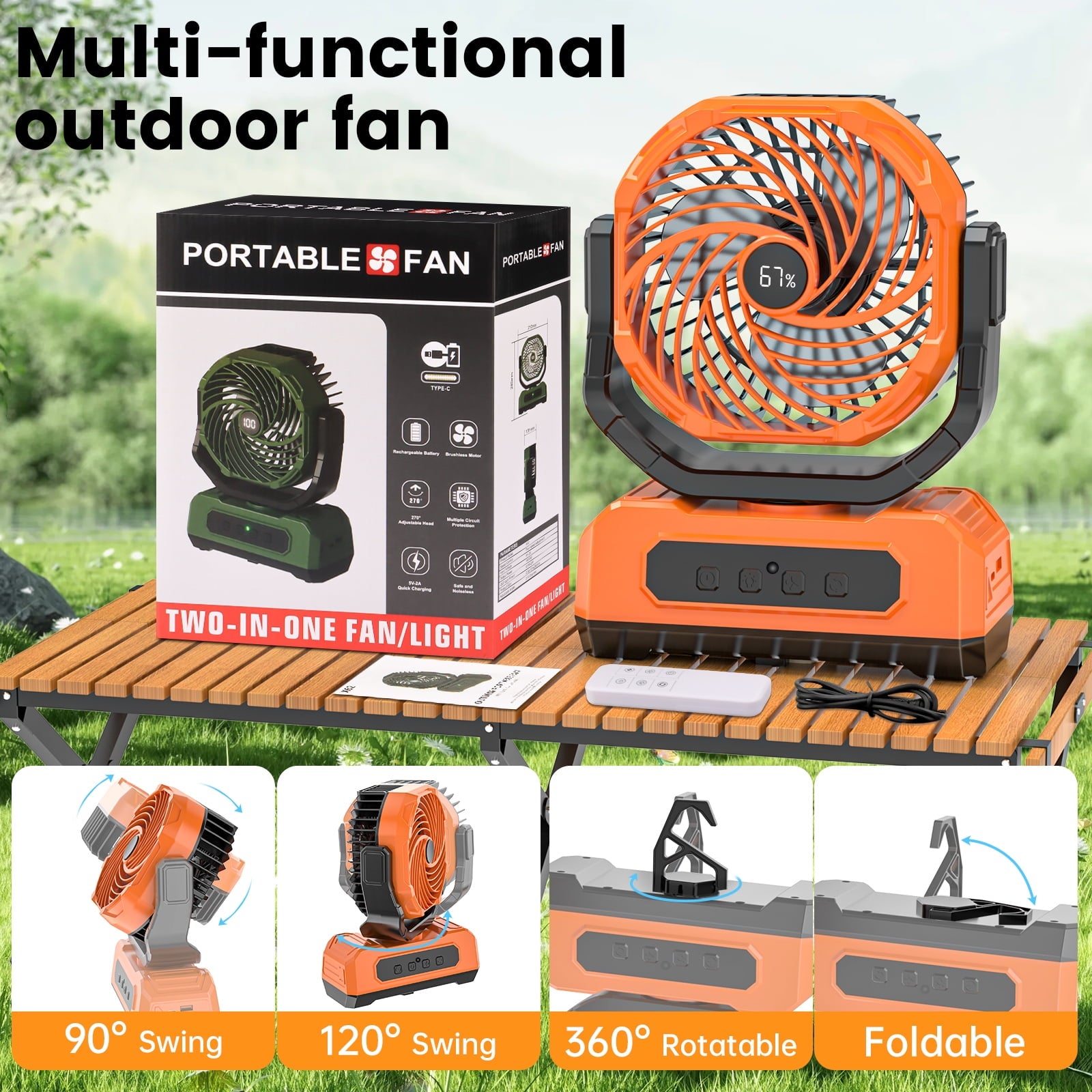 3-in-1 Camping Fan,Portable Fans Rechargeable , 20000mAh  Battery Powered Fanwith Light & Remote for Indoor, Outdoor, Tent, Travel, BBQ, Fishing, Jobsite - Orange