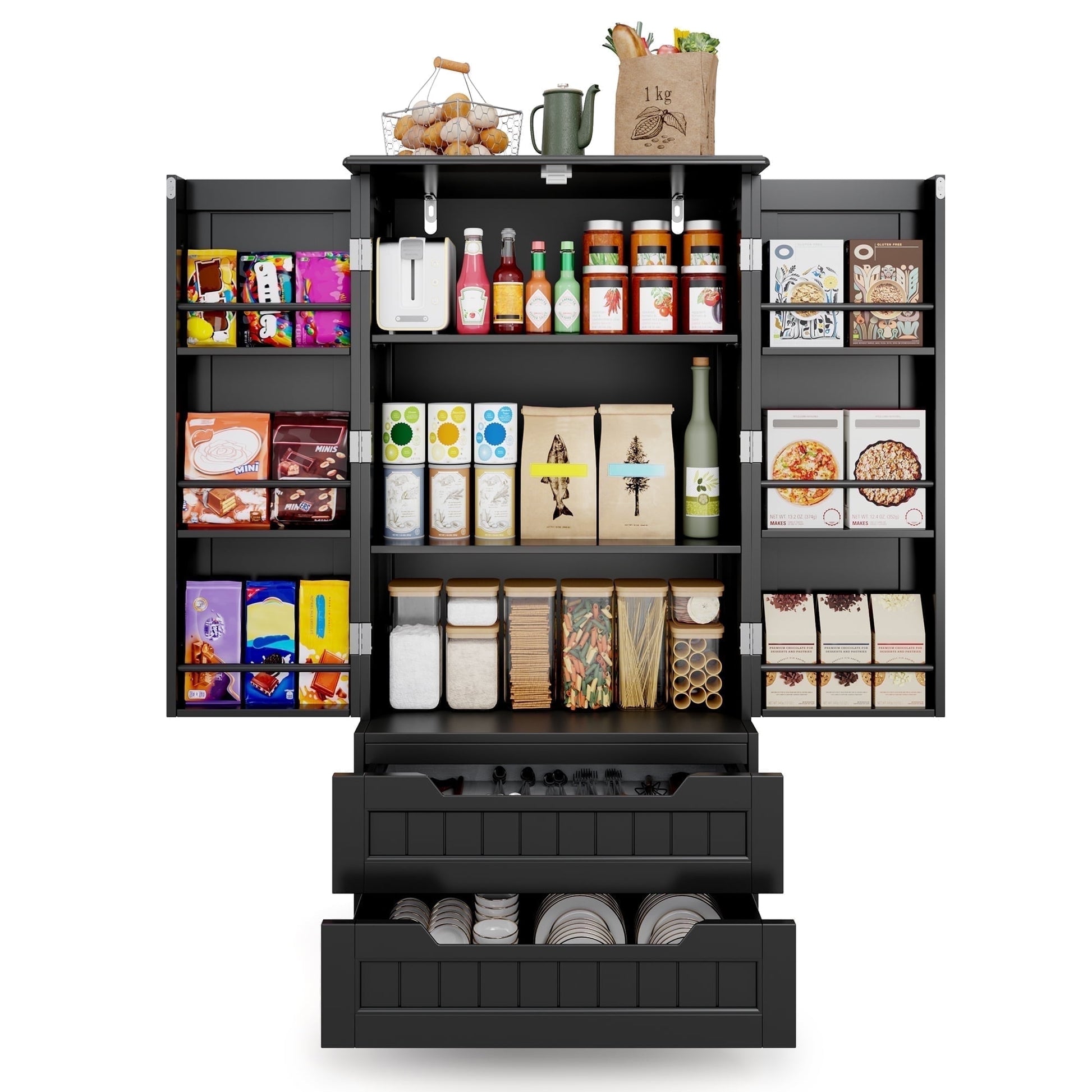 33'' Small Kitchen Pantry Storage Cabinet with 4 Drawers 3 Shelves and 1 Door, Noelse Wooden Bathroom Storage Cabinet for Kitchen Dining Room