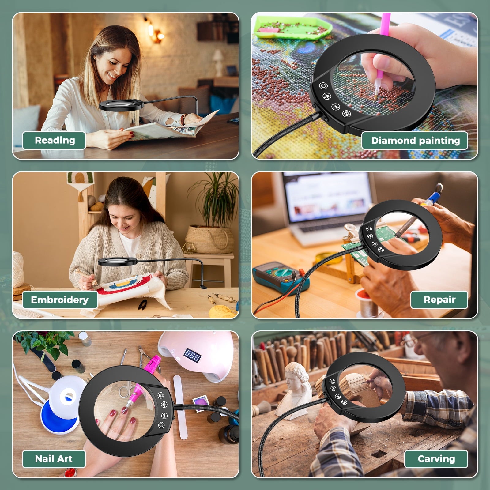 10X Magnifying Glass Lamp with Light and Stand, 5Color Modes & 5 Brightness Levels, Adjustable Swivel Arm for Close Work, Reading, Crafts, Repairing