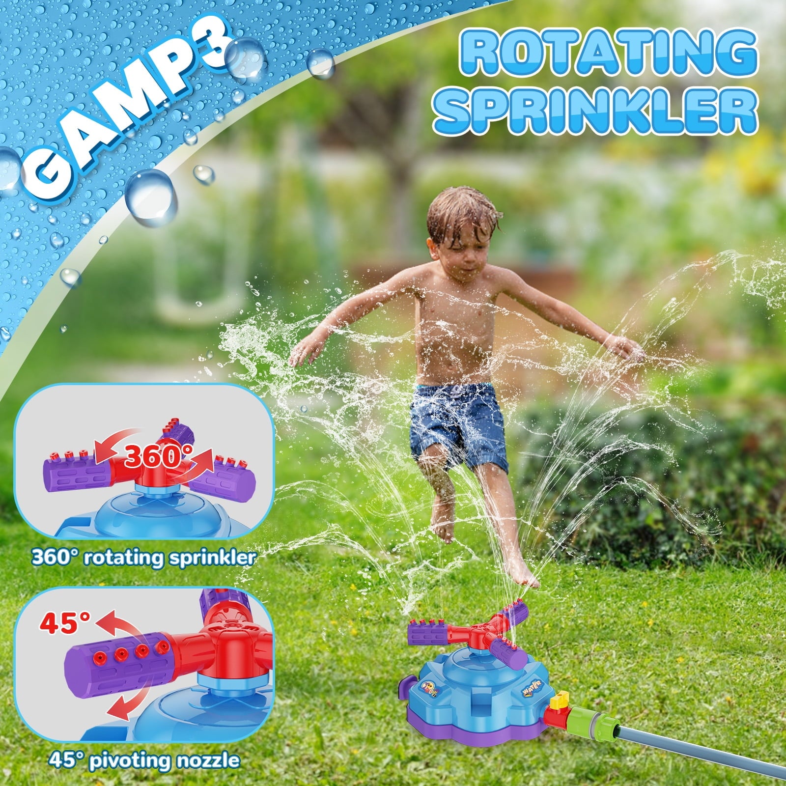 4-in-1 Water Sprinkler Toys for Kids, Summer Games for Outside with  Water  Baseball Rocket Launcher Toy, Boys Girls Summer Backyard Lawn Pool Party Fun (Blue)
