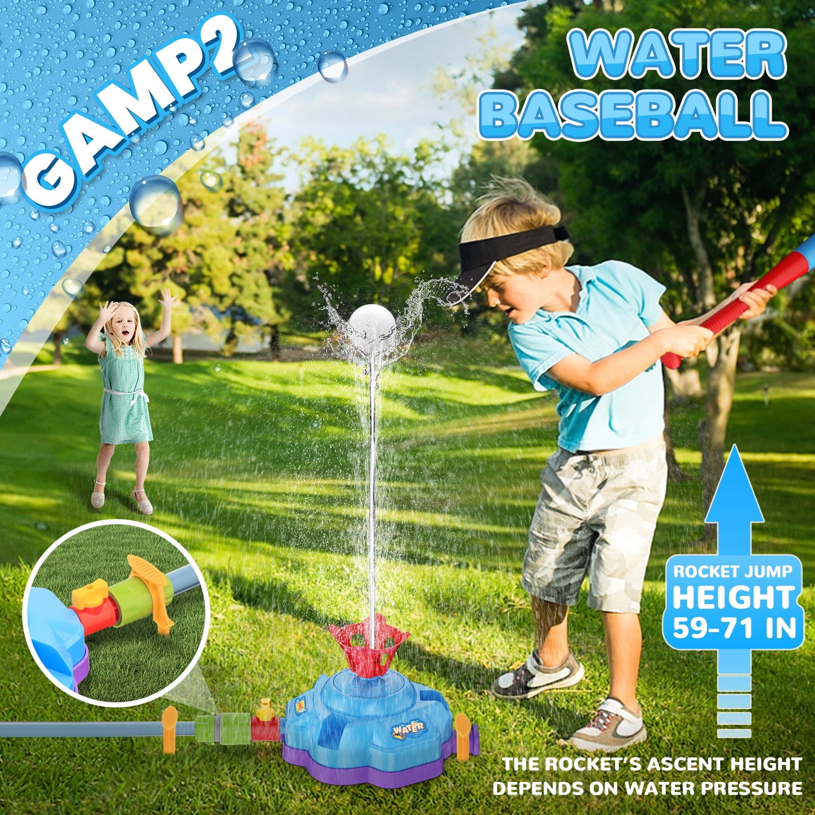 4-in-1 Water Sprinkler Toys for Kids, Summer Games for Outside with  Water  Baseball Rocket Launcher Toy, Boys Girls Summer Backyard Lawn Pool Party Fun (Blue)
