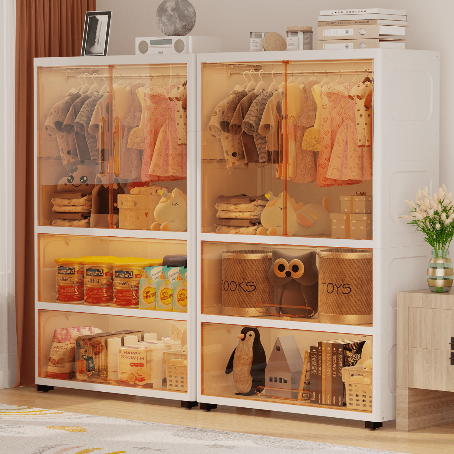 400Qt Super Large Storage Bins with Door and Wheels, Kids Closet Organizer with Hanging Rod, White