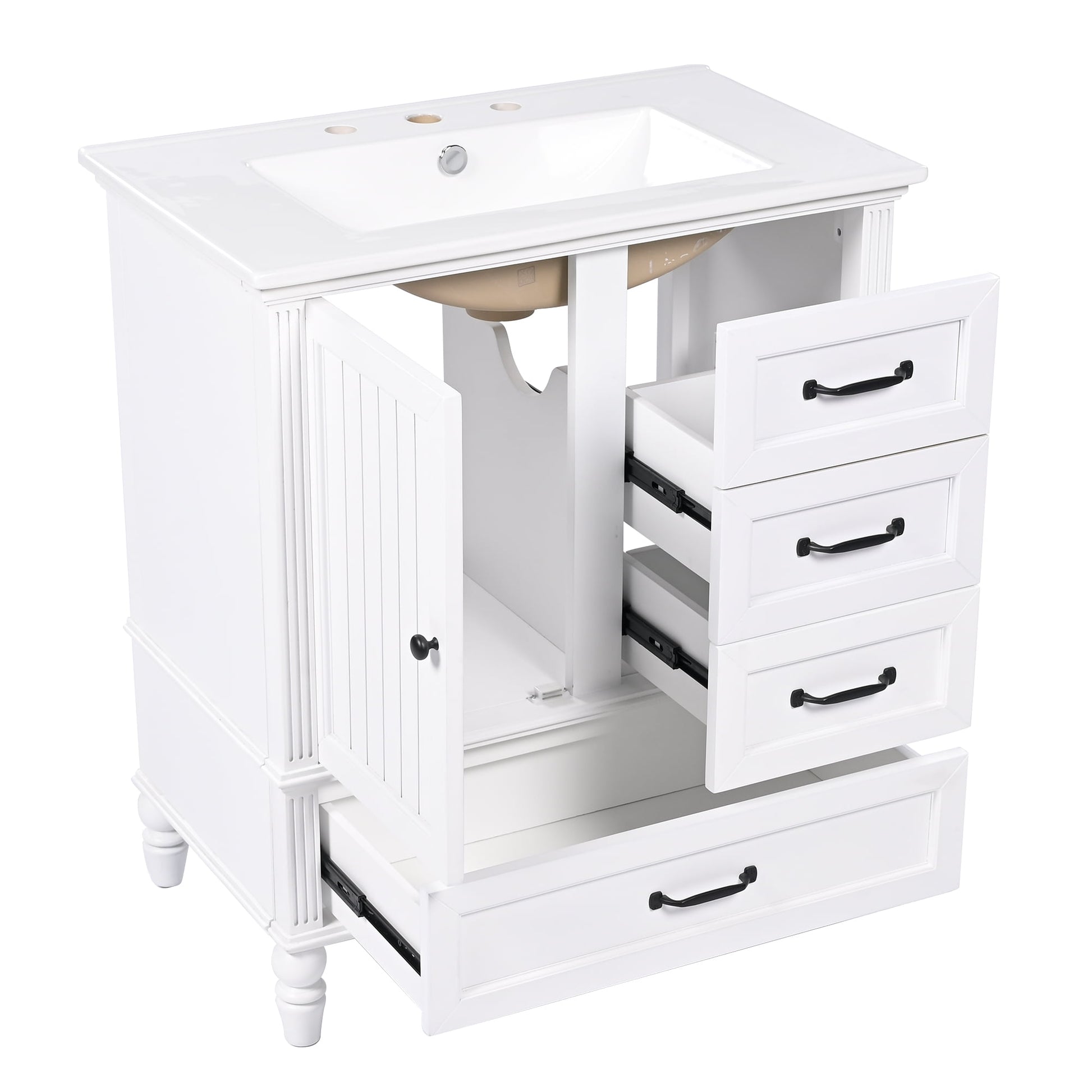 30" Bathroom Vanity with Sink, Bathroom Cabinet with A Door, Three Drawers, Solid Wood Legs & MDF Board, Adiustable Foot Pads, White