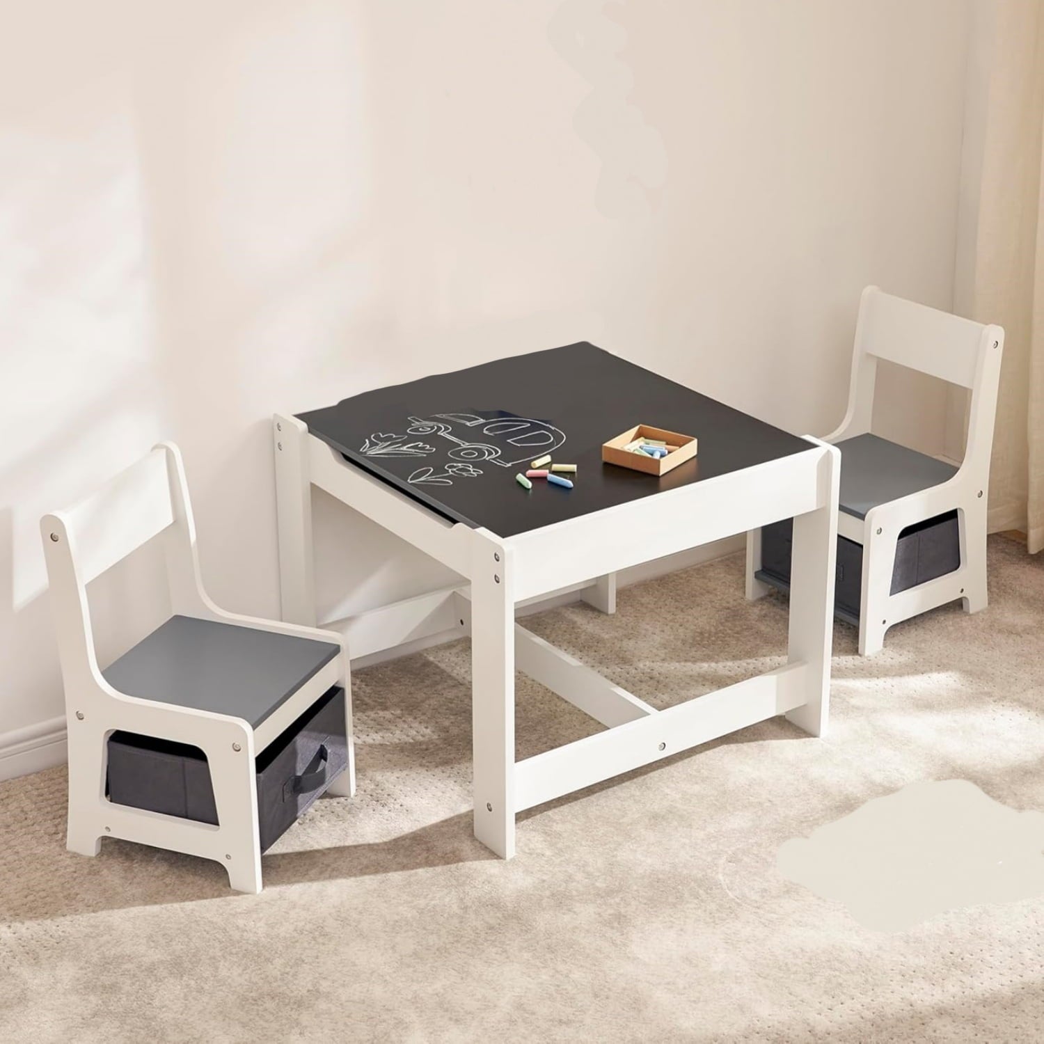 3-in-1 Kids Table and Chairs Set with Removable Tabletop Storage & Bookshelf, Toddler Table and Chair Set for Playroom Kids Room or Living Room, Gray